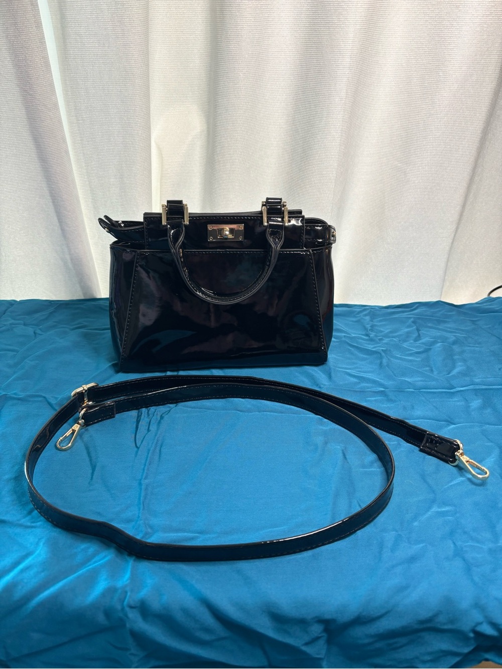 Compact Patent Satchel Handbag in Black